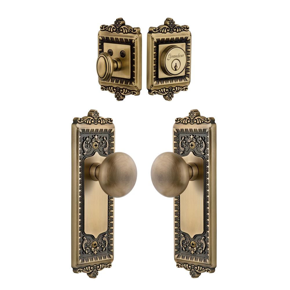 Grandeur by Nostalgic Warehouse Single Cylinder Combo Pack Keyed Differently - Windsor Plate with Fifth Avenue Knob and Matching Deadbolt in Vintage Brass